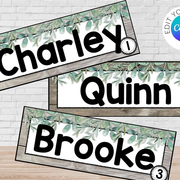 Greenery Student Name Tags, Eucalyptus Rustic Classroom decor, Canva Editable Nametags Printable