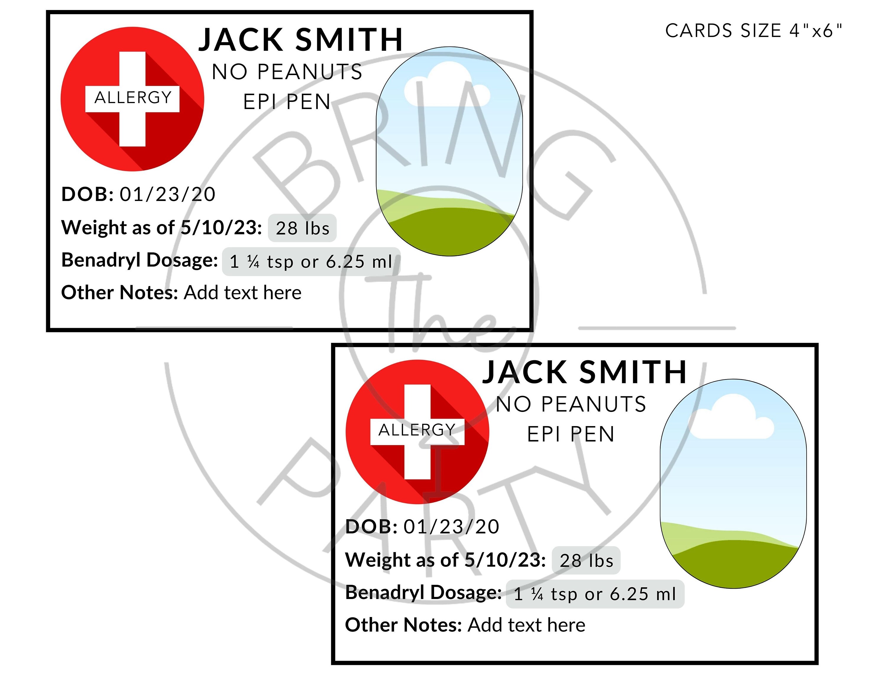 Editable Allergy Alert Card | Allergy Note | Child Allergy Card ...