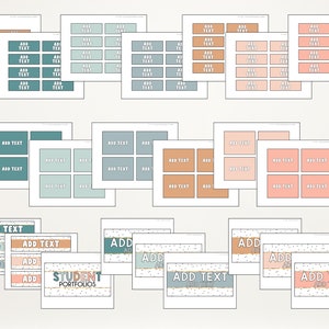 May include: A set of printable labels for student portfolios. The labels are in various colors and patterns, including teal, peach, and brown. The labels have the text "ADD TEXT" and "STUDENT PORTFOLIOS".
