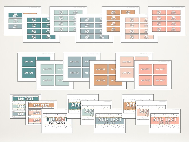 May include: A set of printable labels for student portfolios. The labels are in various colors and patterns, including teal, peach, and brown. The labels have the text "ADD TEXT" and "STUDENT PORTFOLIOS".