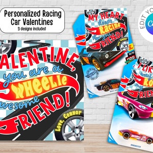 Bewerkbare Wheelie Race Car Valentijnskaarten | Auto Valentijnsdag | Klaslokaal Valentijnsvrij | Hot Car Wheelie Valentijn