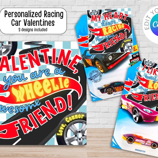 Editable Wheelie Race Car Valentine Cards | Car Valentines | Classroom Non Candy Free Valentine | Hot Car Wheelie Valentine