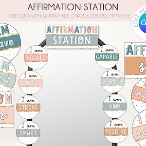Affirmation Stationskarten neutrale ruhige Farben | Bearbeitbare Affirmationen | Positive Motivation Spiegel | Klassenzimmer Pinnwand