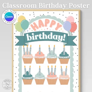 Sala de aula de acalmação neutra do aniversário das cores pôster | Exibição de aniversário de classe | Quadro de avisos de aniversário | Download instantâneo | Velas Editáveis