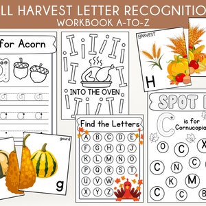 Práctica de letras del alfabeto de la cosecha de otoño / Paquete de centro de reconocimiento de letras de 93 páginas / Paquete imprimible de Acción de Gracias / Práctica de letras para preescolar