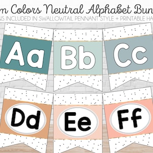 ALPHABET BANNERS Calm Colors Neutral Bunting Swallowtail Style | Printable Alphabet | Word Wall Elementary | Digital Download | Letters