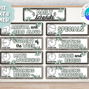 Classroom Daily Schedule Cards, Editable Canva Template, Greenery Rustic Classroom Decor