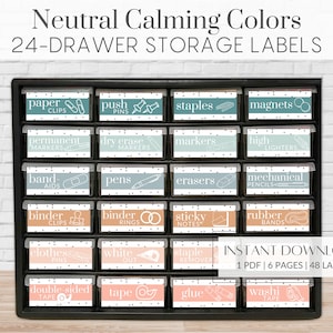 Neutral Calming Labels for Drawer Storage | 24-Drawer Plastic Storage Cabinet Labels | Teacher labels Instant Download Instant Printable