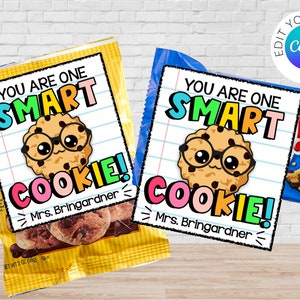 Editable Student Treat Beginning of the Year School gift label One SMART COOKIE tag Cookie Valentine image 1