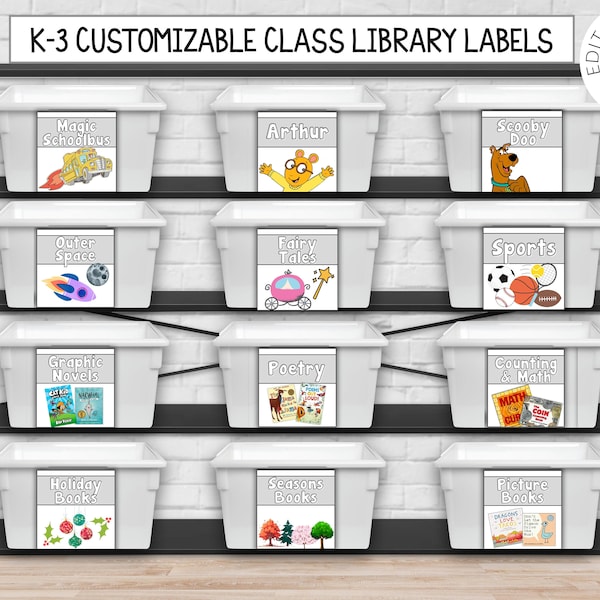 Customizable Neutral LIBRARY Book Bin Labels, Custom Book Labels, Elementary Labels, K-3 Grade Level, Instant Printable, Canva Template