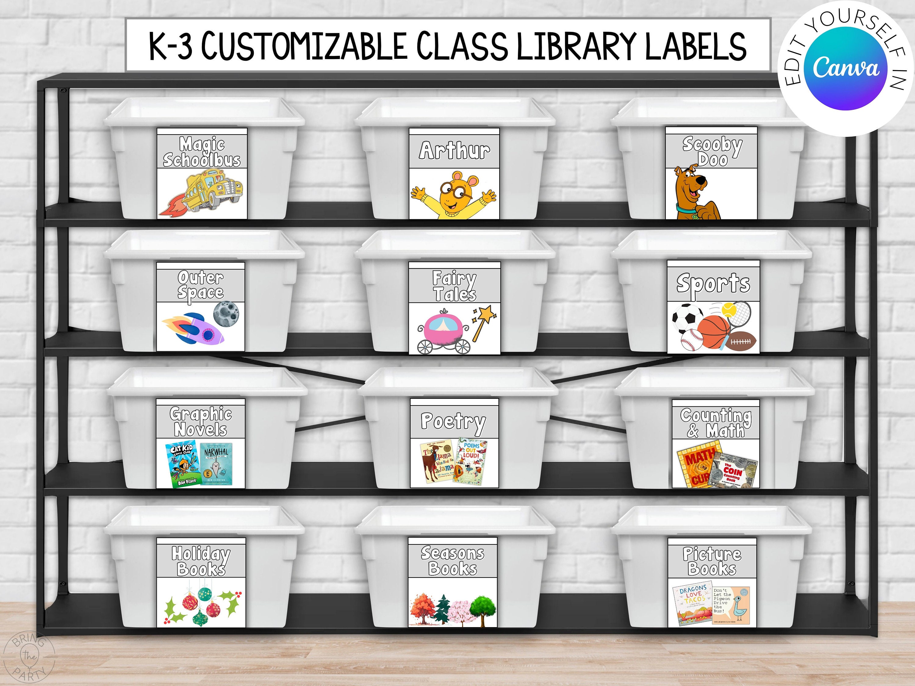Customizable Neutral LIBRARY Book Bin Labels, Custom Book Labels, Elementary Labels, K-3 Grade Level, Instant Printable, Canva Template