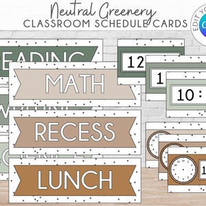 Neutral Greenery Klassenzimmer Stundenplan Karten | Bearbeitbarer Stundenplan | Druckbare Agenda-Karten | Klassenzimmer Whiteboard | Anpassbarer Stundenplan