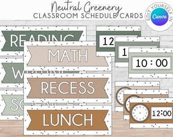 Cartes d'horaire de classe de verdure neutre | Calendrier modifiable | Calendrier imprimable des feuilles de temps | Tableau blanc pour salle de classe | Calendrier personnalisable