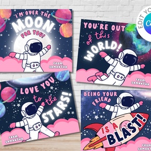 Biglietti di San Valentino rosa modificabili per lo spazio esterno / San Valentino fuori dal mondo / San Valentino per i compagni di classe / Ti amo fino alla luna / Biglietti di San Valentino rosa per lo spazio esterno