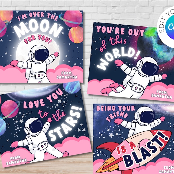 Editable Outer Space Pink Valentine | Out of this World Valentine | Classmate Valentine | Love you to the Moon | Pink Outer Space Cards