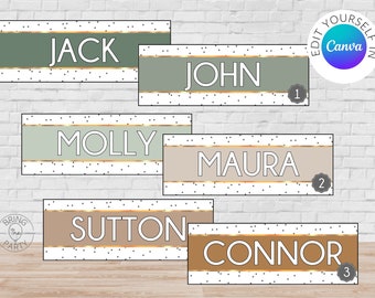 May include: Six printable name tags with gold trim and a white background with black polka dots. The names are Jack, John, Molly, Maura, Sutton, and Connor. The tags are numbered 1 through 3.