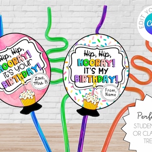 Birthday Balloon Crazy Straw Label: Canva Template (Digital Download)
