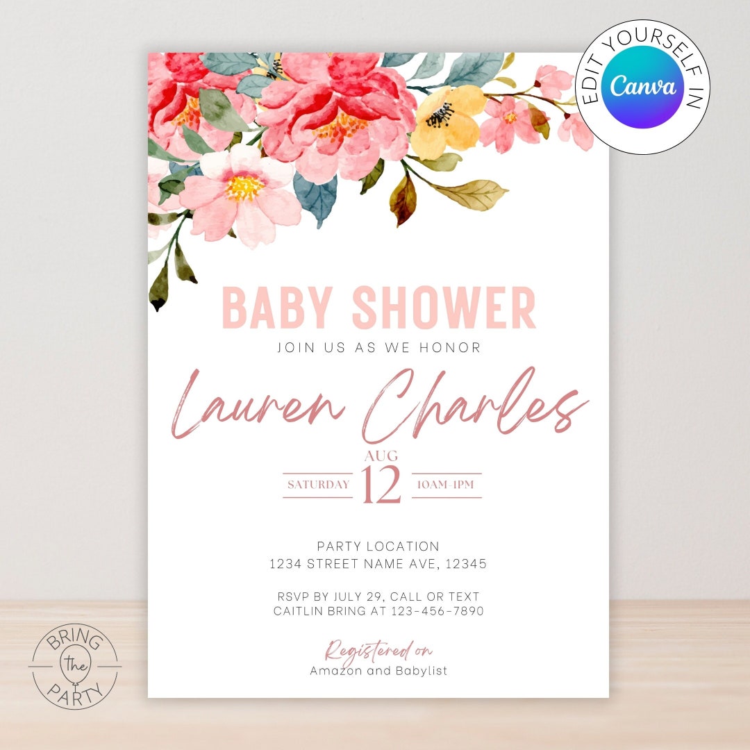 Editable Floral Baby Shower Invitation | Canva Template Baby Shower ...
