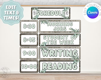 Farmhouse Classroom Schedule Cards: Greenery Decor (Canva Template)