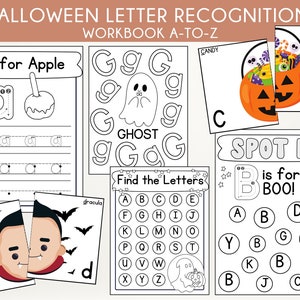 Prática de letras do alfabeto de Halloween | Pacote de atividades de reconhecimento de cartas de 93 páginas | Centros de Halloween para impressão | Prática de cartas pré-escolares