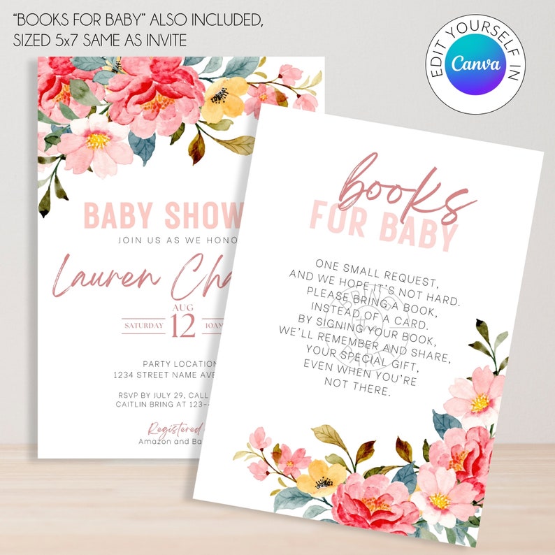 Editable Floral Baby Shower Invitation | Canva Template Baby Shower ...