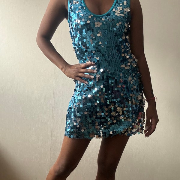 90s blue sequin dress S