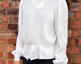 Vintage white satin pleated blouse, S