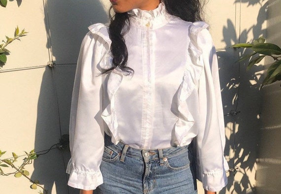 Vintage white ruffle blouse, statement collar, hig