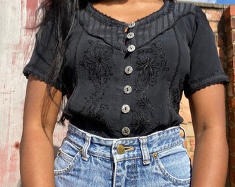 90s black embroidered blouse S