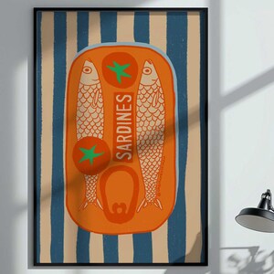 Sardines print, tinned fish art, sardine tin art, tin fish print, diningroom art print, vintage food printable, beach house wall art