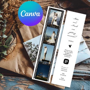 May include: A wedding invitation suite featuring a film strip with wedding photos and text. The invitation includes the names of the couple, the wedding date, and RSVP information. The Canva logo is visible.