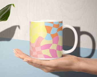 Pastel checkered mug, wavy coffee mug, checkered decor, psychedelic mug, wavy checker cup, 70s art mug, checkerboard trippy design