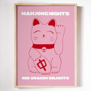 Red maneki neko Mah jong social club party poster, mahjongg lovers gamenight gifts, chinese filipino american, red dragon tiles art print