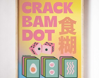 Crack bam dot art print, green Mahjong social club party poster, mahjongg gifts game night tournament, lucky girl era chinese asian american