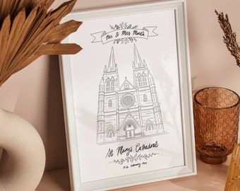 Wedding keepsake A4, custom wedding venue hand drawn sketch, venue illustration, wedding venue gift, personalised venue, church chapel