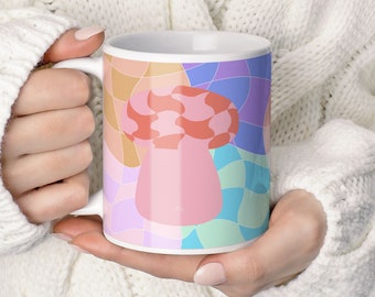 Wavy mushroom mug, checkered mushroom coffee mug, mushroom cottagecore, psychedelic mug, wavy checker cup, pastel checker mug