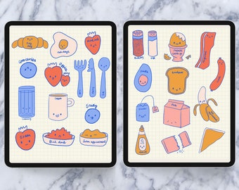 Frühstück digitale Sticker, Brunch Sticker, Bed and Breakfast, süße Essen Sticker, kawaii Essen Sticker, Goodnotes Sticker