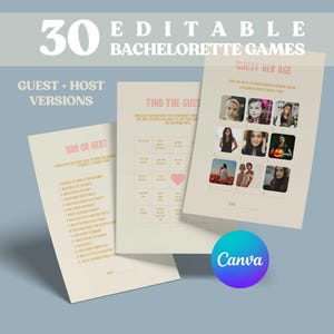 Editable camp bachelorette partie partygames, bridalshower bundle, hens do gaming cards canva template, cabin wedding girls trip weekend
