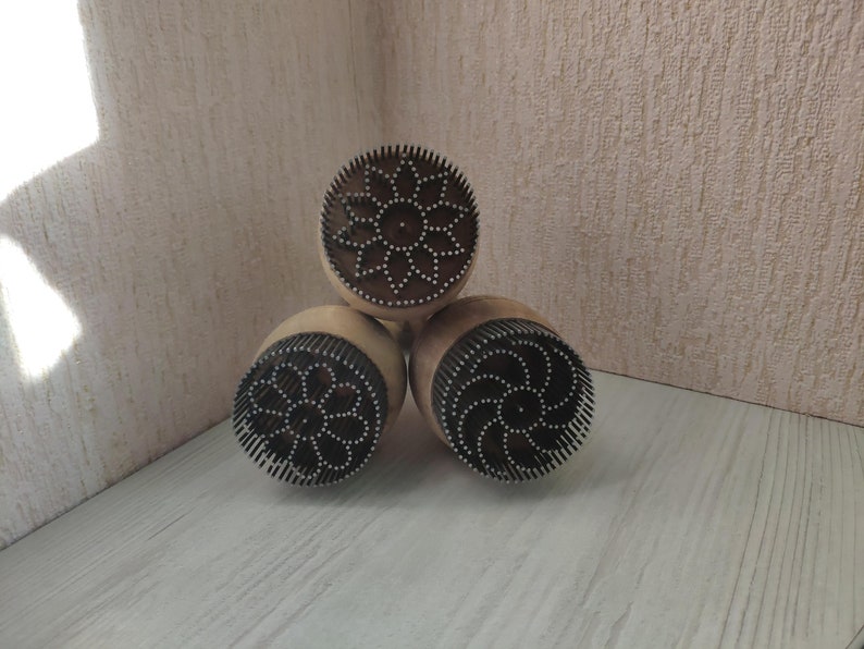 Set of 3 Traditional Uzbek wooden walnut stamps embedded with iron pins chekich for bread non stamping, baking. 5 cm image 5