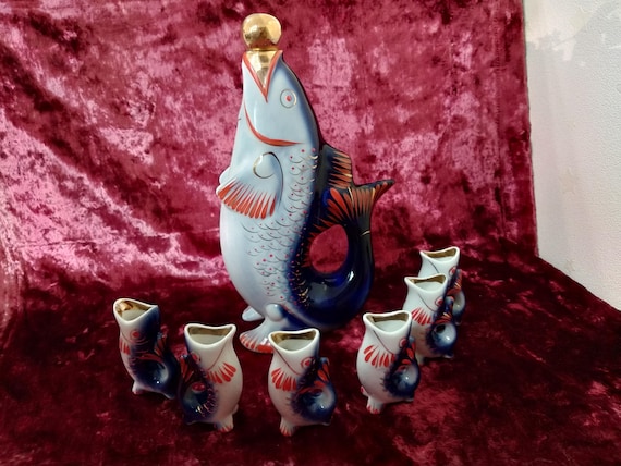 Soviet Porcelain Fish Decanter and 6 Shot Glasses for liqueur or vodka Vintage 