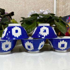 Lot of 5 Vintage USSR Ceramic Blue Tea cup Bowl Adras Pattern, Diameter: 10 cm / 3.93 inches