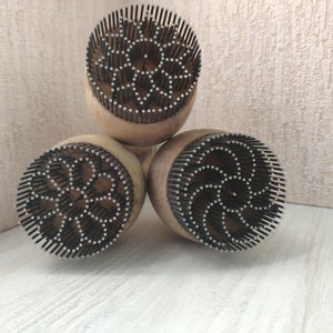 Set of 3 Traditional Uzbek wooden walnut stamps embedded with iron pins chekich for bread non stamping, baking. 5 cm image 1