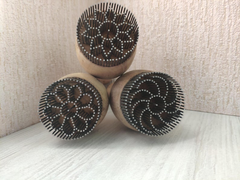 Set of 3 Traditional Uzbek wooden walnut stamps embedded with iron pins chekich for bread non stamping, baking. 5 cm image 1