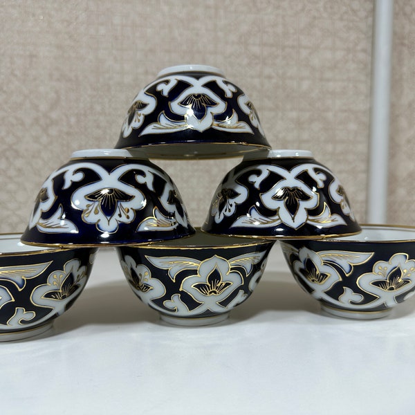 Service à thé ouzbek 6 tasses à thé bols en coton Paettern. Service à thé traditionnel classique en porcelaine ouzbèke de haute qualité. 3,93 pouces (10 cm)