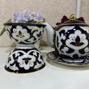 Uzbek First class Tea set. Golden Cotton pattern. High quality porcelain classic traditional tea set. Cobalt Blue set #2