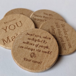 Set of 5 or 25 - Pay It Forward Coins/Chips - Double sided with inspirational quotes