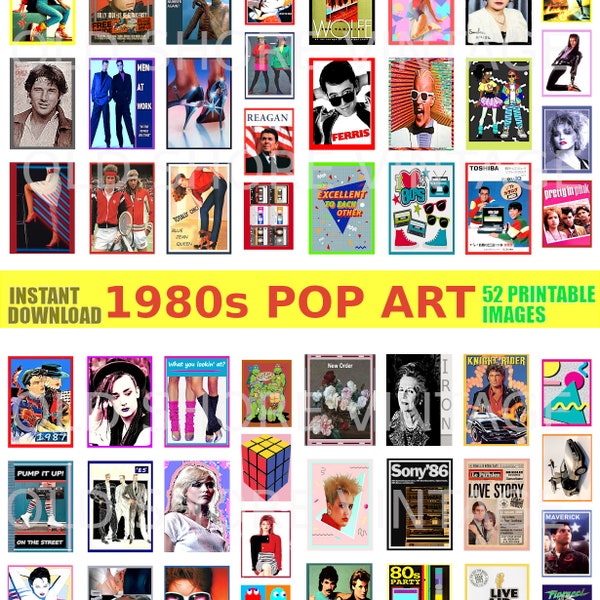 1980s Pop Art printable images instant download scrapbook vintage illustrations junk journal retro design digital pictures 5 pages 52 images
