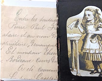 Alice in Wonderland Junk Journal, Handmade Mini Diary with Ephemera Stickers + Bookmark