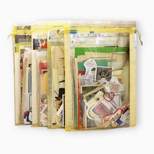 Efemerapakket voor junkjournalpapier met 100+ vintage en retro stukken gerecyclede materialen, knutselspullen en scrapbookingbenodigdheden in een zakje van goudkleurig organza