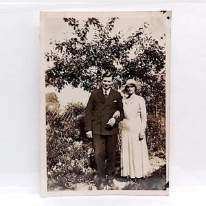 1930s Irish Couple - Sepia Garden Portrait - Wide Brim Hat and Dress - Vintage Black & White Photo - Found Ephemera for Romantics